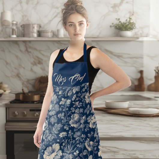 Mrs Chef Typography Indigo French Toile Floral  Schürze