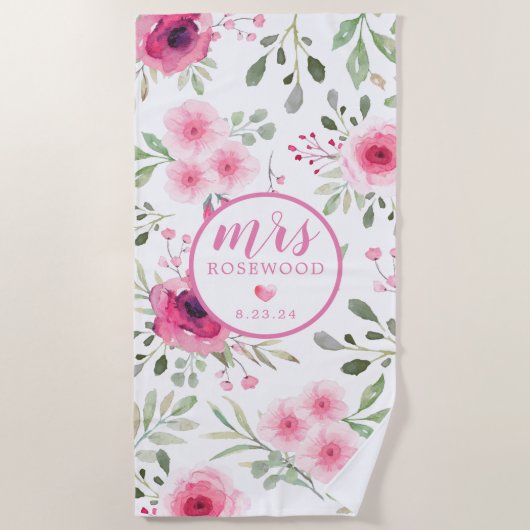 Mrs Date Soft Pink Watercolor Floral Strandtuch (Vorderseite)