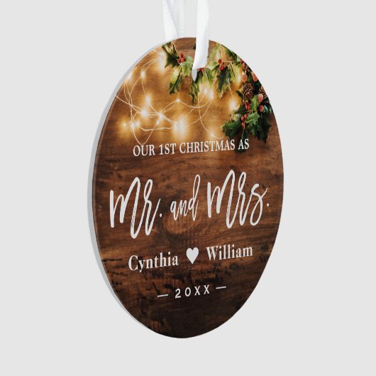 Mrs. First Christmas Rustic String Lights Foto Ornament (Vorderseite)