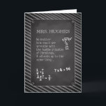 Mrs. Hughes, Mathelehrerin Weihnachten Personalisi<br><div class="desc">Dieses Chalkboard-Aussehen Weihnachtskarte ist perfekt,  um an Ihren Mathematiklehrer zu senden! Mathematik Probleme füllen das Board,  und der Name des Mathematiklehrers wird seine Karte personalisieren! Schicken Sie von einer Person oder einer Gruppe.</div>