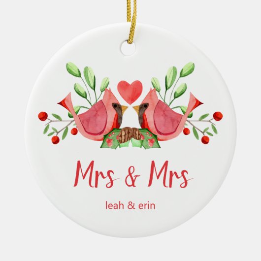 Mrs. & Mrs. Kardinal Lovebirds Personalisiert Keramik Ornament (Vorne)