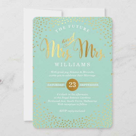 MRS & MRS STYLISH WEDING Gold Konfetti-Minze Einladung (Vorderseite)