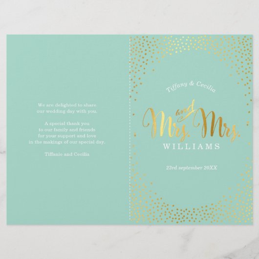 MRS & MRS WEDDING PROGRAM Goldfisch-Konfetti-Minze (Vorderseite)