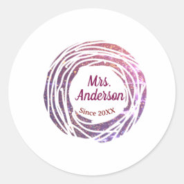 Mrs name pink mauve border since year wedding brid runder aufkleber