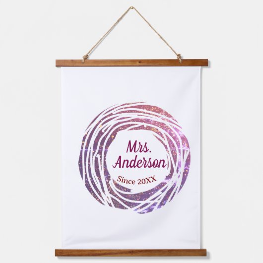 Mrs name pink mauve border since year wedding brid wandteppich mit holzrahmen (Vorderseite)