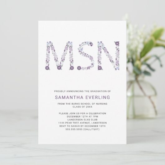 MSN Abschluss feiern, Blumenschwester lila Einladung (Stehend Vorderseite)