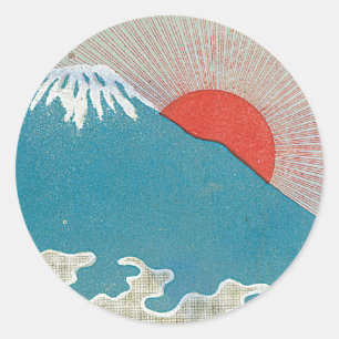 Mt. Fuji und Sonne Vintage Japanisches Seidenetike Runder Aufkleber