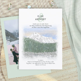 Mt. Rainier, Falling Snow, Winter Green Wedding Einladung