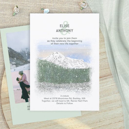 Mt. Rainier, Falling Snow, Winter Green Wedding Einladung