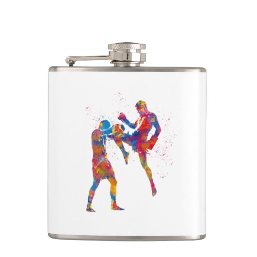 Muay thai Kämpfer in Aquarellfarbe Flachmann (Vorderseite)