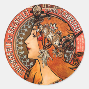 Mucha Art Nouveau Bagnolet Lady Runder Aufkleber