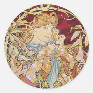 Mucha Art Nouveau: Frau mit Daisy Runder Aufkleber