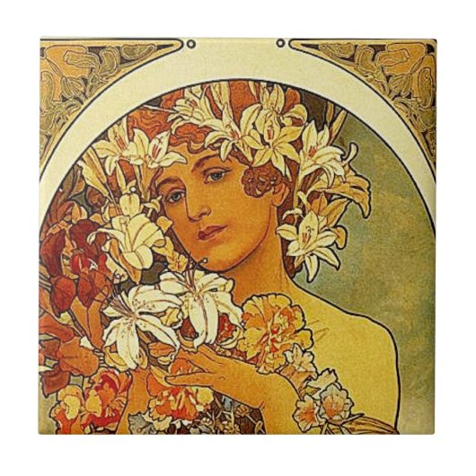 Mucha Art Nouveau Frau mit Lilien Fliese (Vorderseite)