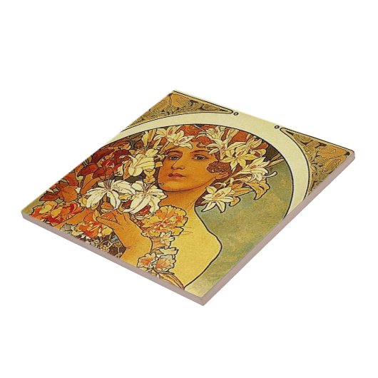 Mucha Art Nouveau Frau mit Lilien Fliese (Seite)