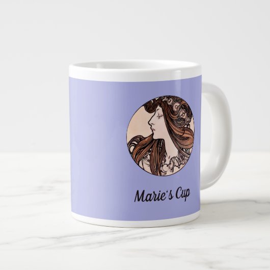 Mucha Art Nouveau Frau Pink Blume auf Lila Jumbo-Tasse (Vorderseite Rechts)