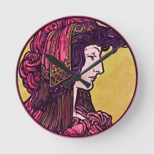 Mucha Art Nouveau Frau Profil Wasserfarbener T - S Runde Wanduhr