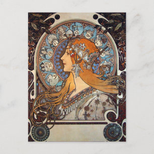 Mucha Art Nouveau Frau Vintage Zodiac La Pluma I Einladungspostkarte