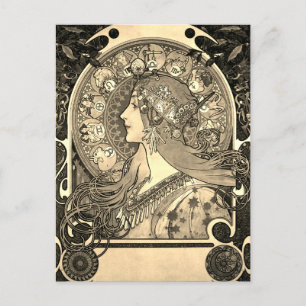 Mucha Art Nouveau Frau Vintage Zodiac La Pluma Postkarte