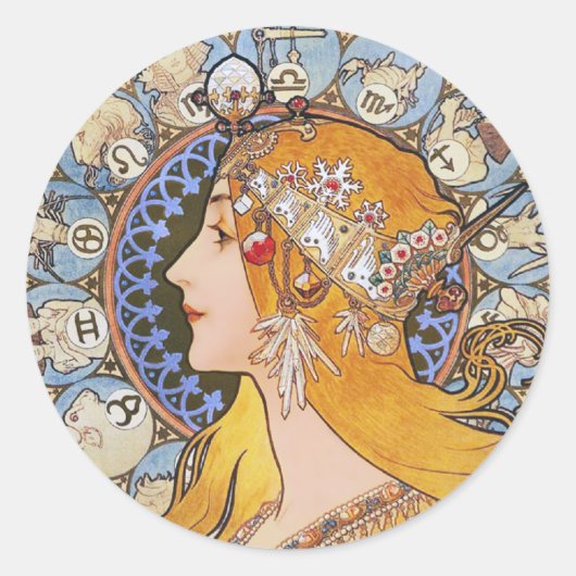Mucha Art Nouveau Poster - Zodiac - La Plume Runder Aufkleber (Vorderseite)