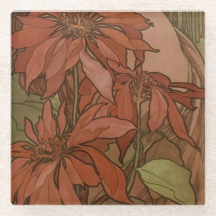 Mucha Art Nouveau Rote Poinsettie Blumendekor Glasuntersetzer
