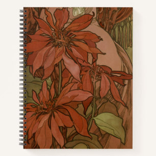 Mucha Art Nouveau Rote Poinsettie Blumendekor Notizblock