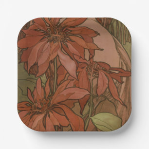 Mucha Art Nouveau Rote Poinsettie Blumendekor Pappteller