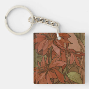 Mucha Art Nouveau Rote Poinsettie Blumendekor Schlüsselanhänger