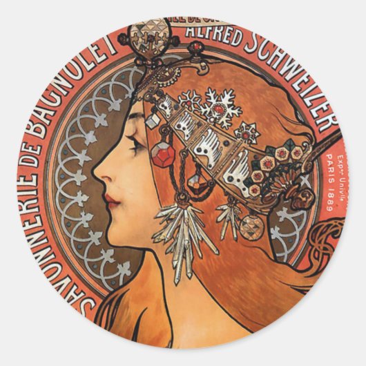 Mucha - Art Nouveau Runder Aufkleber (Vorderseite)