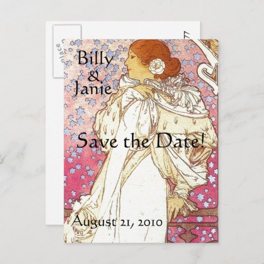 Mucha Art Nouveau Save the Date Postkarte (Vorne/Hinten)