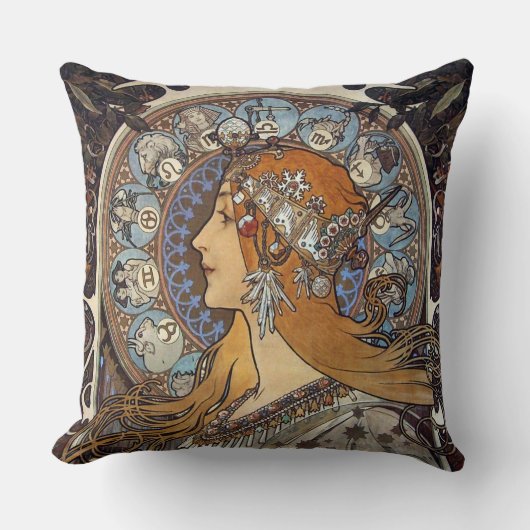 Mucha Art Nouveau Woman Vintag Französisch Zodiac Kissen (Vorderseite)