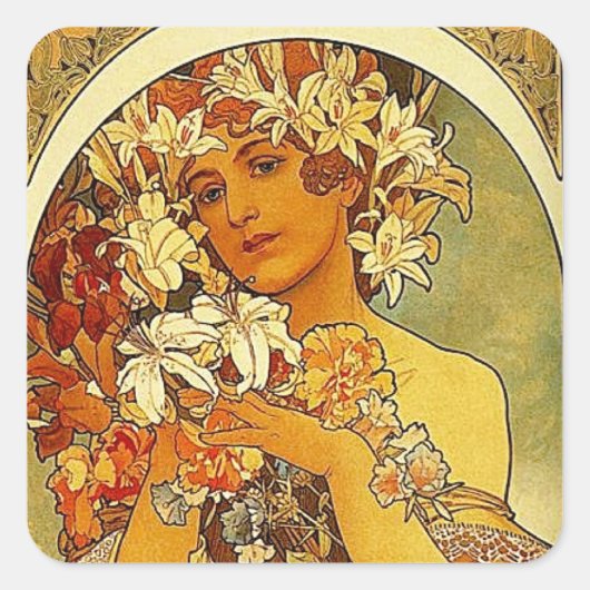 Mucha Blume Quadratischer Aufkleber (Vorderseite)