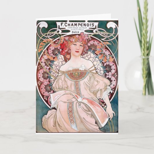 Mucha Champenois Paris Rosakleiderdamen-Kunst-Deko Karte (Vorderseite)