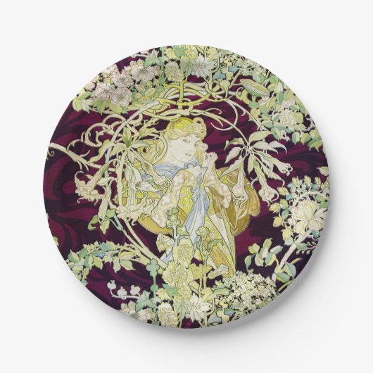 Mucha Frau mit Daisy, Vintag Art Nouveau Pappteller (Vorderseite)