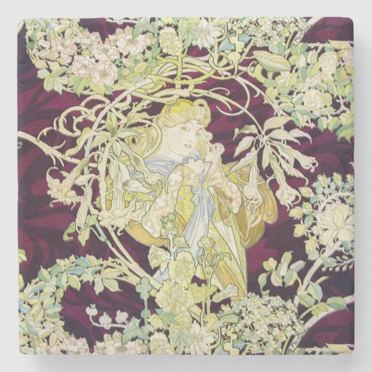 Mucha Frau mit Daisy, Vintag Art Nouveau Steinuntersetzer (Vorderseite)