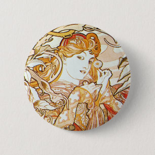 Mucha Frau mit einem Gänseblümchen-Kunst Nouveau Button