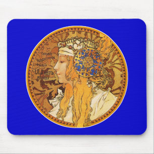 Mucha - Frau mit Juwelen - Vintage Kunst Mousepad