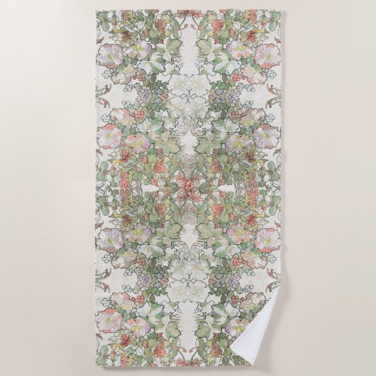 Mucha Kunst Nouveau GeißblattHollyhock mit Blumen Strandtuch (Vorderseite)