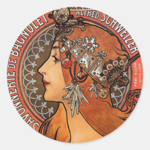 Mucha - Kunst Nouveau Runder Aufkleber
