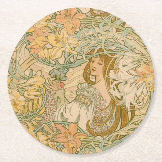 Mucha Lilien Art Nouveau Blumensprache Runder Pappuntersetzer (Vorderseite)