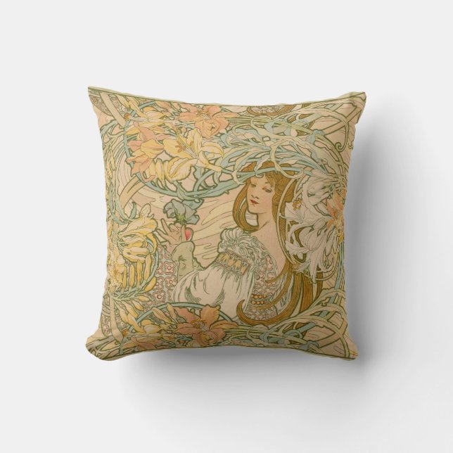 Mucha Lilies Blume Jugendstil Kissen (Vorderseite)