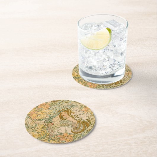 Mucha Lilies Jugendstil Sprache der Blume Runder Pappuntersetzer (Vor Ort)