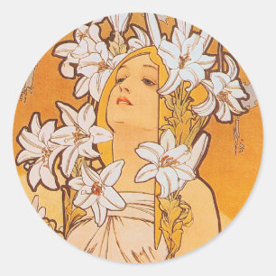 Mucha "Lily" - Blumen Runder Aufkleber