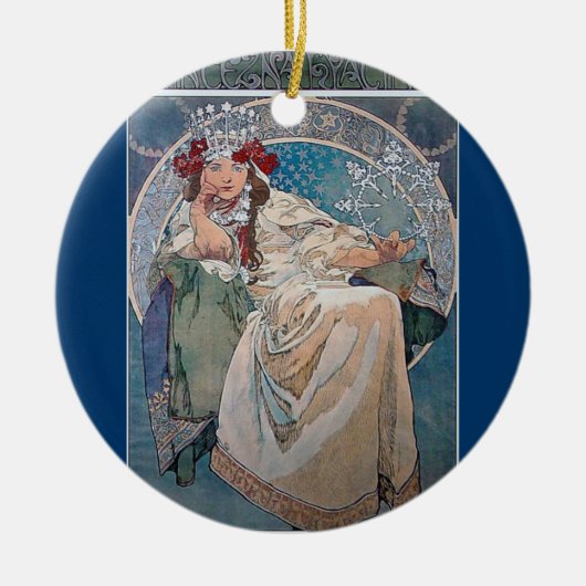 Mucha Prinzessinwinterschneeflockerosa-Kleiderdame Keramik Ornament (Vorne)
