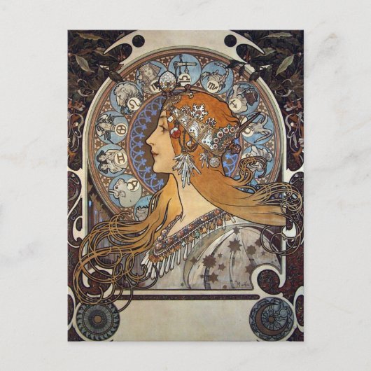 Mucha Retro Jugendstil Frau Vintag Zodiac Pluma Postkarte (Vorderseite)