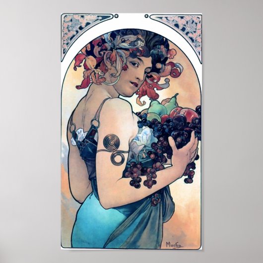 Mucha Trauben Vintage Frau Poster (Vorne)