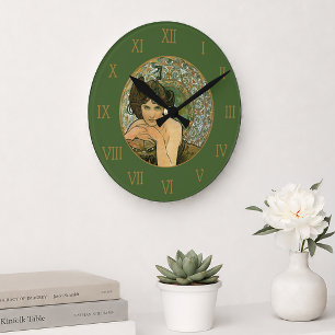 Mucha Vintage Green Emerald Verführerin Elegant Runde Wanduhr