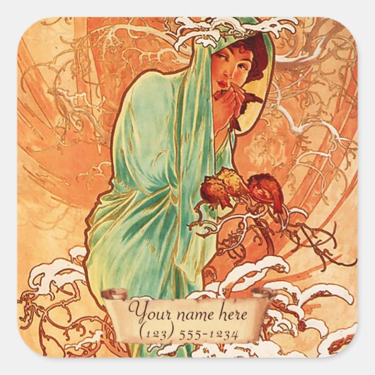 Mucha Winter Art Nouveau Buchzeichen Stickers (Vorderseite)