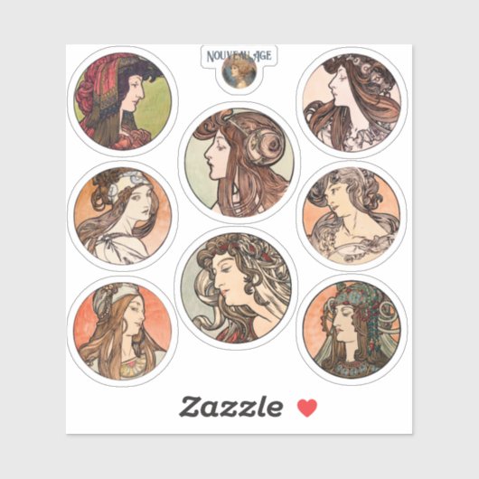 Mucha Women Portraits Circle Sticker Sheet (Blatt)