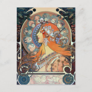 Mucha Zodiac Frau Art Deco Vintage Kunst Dame Postkarte