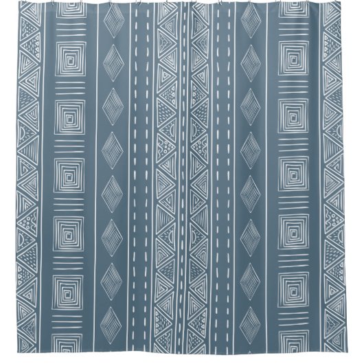 Mudcloth Inspiriert Gray Blue Tribal Muster Duschvorhang (Vorderseite)
